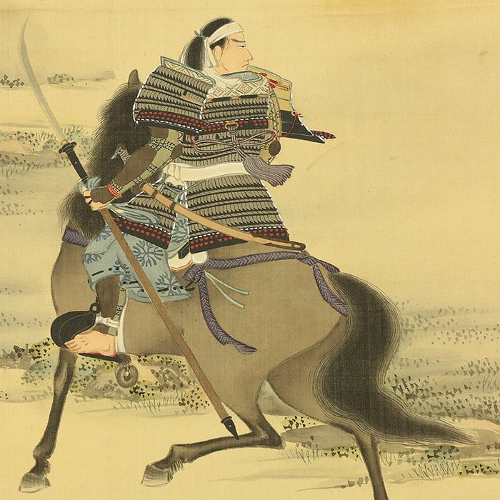 Naginata Pole Swords Armored Samurai Warrior Riding on Chestnut Horses with Box - with signature and seal 'Sekkou' 雪香 - Japan  (Ingen mindstepris)