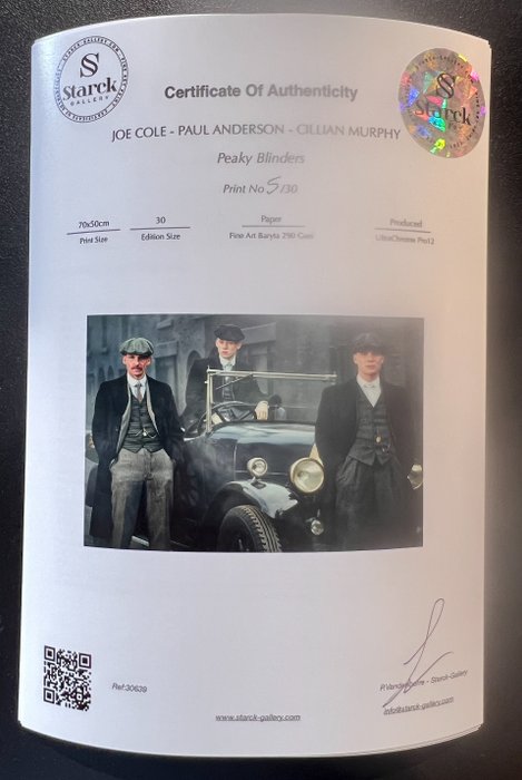 Peaky Blinders - JOE COLE - PAUL ANDERSON - CILLIAN MURPHY - Fine Art Photography - Luxury Wooden Framed 70X50 cm- Limited Edition Nr 02 of 30 - Serial ID 30639 - Original Certificate (COA), Hologram Logo Editor and QR Code - 100% New items.