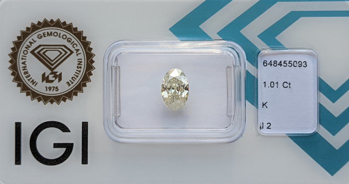 Ingen mindstepris - 1 pcs Diamant  (Natur)  - 1.01 ct - Oval - K - I2 - International Gemological Institute (IGI)