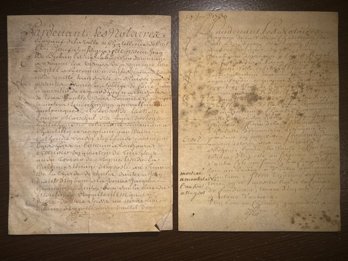 French Notaire - 2 signed French Notary Vellum Certifications under the reign of Louis XV - 1729