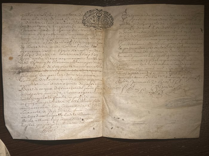 French Notaire - 2 signed French Notary Vellum Certifications under the reign of Louis XV - 1729