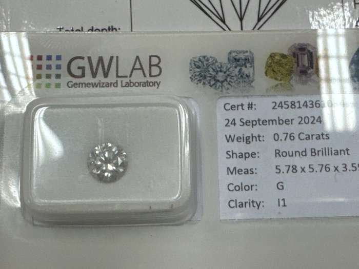 Ingen mindstepris - 1 pcs Diamant  (Natur)  - 0.76 ct - Rund - G - I1 - Gemewizard Gemological Laboratory (GWLab)