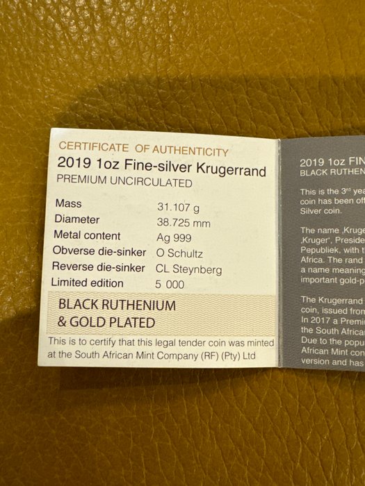 Sydafrika. 1 Rand 2019 "Springbock - Black Ruthenium Gold Gilded ", 1 Oz (.999)  (Ingen mindstepris)