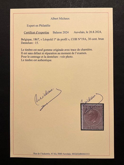 Belgien 1865/1866 - Leopold I i profil - 19A - 30 centimes Brun - Smuk nuance - OBP 19A - Met recent fotocertificaat - ZONDER RESERVEPRIJS