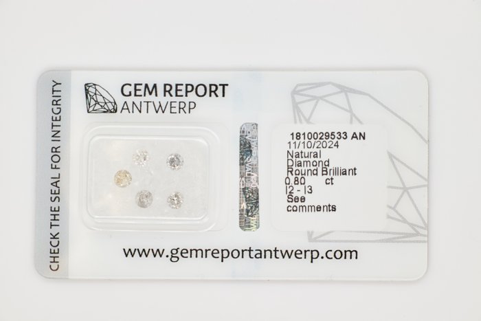 Ingen mindstepris - 5 pcs Diamant  (Natur)  - 0.80 ct - Rund - I2, I3 - Gem Report Antwerp (GRA) - INGEN RESERVEPRIS