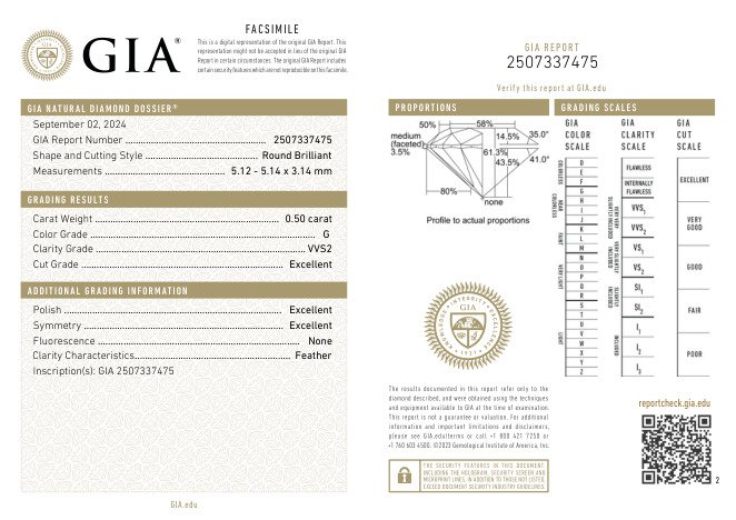 1 pcs Diamant  (Natur)  - 0.50 ct - Rund - G - VVS2 - Gemological Institute of America (GIA)