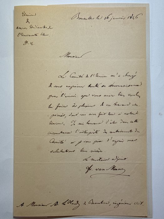 Pierre-François Van Meenen (1772-1858), Belge lawyer and judge, philosoph, liberal politicain, - Autograph signed letter of the founder of the free University to Adolphe Le Hardy de Beaulieu - 1846