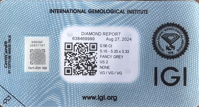 Ingen mindstepris - 1 pcs Diamant  (Natur)  - 0.56 ct - Rund - VS2 - International Gemological Institute (IGI) - Fancy grå