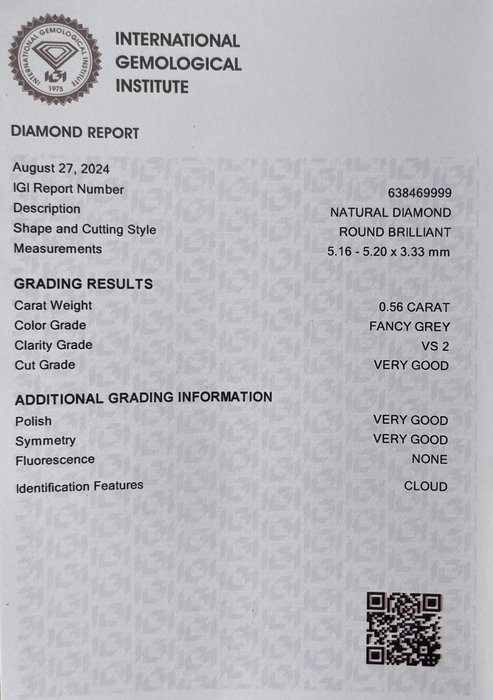 Ingen mindstepris - 1 pcs Diamant  (Natur)  - 0.56 ct - Rund - VS2 - International Gemological Institute (IGI) - Fancy grå