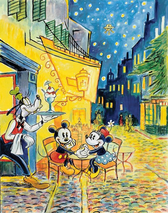 Tony Fernandez - Mickey, Minnie and Goofy Inspired by Vincent Van Gogh's "Café Terrace at Night" (1888) - A.P. Signed