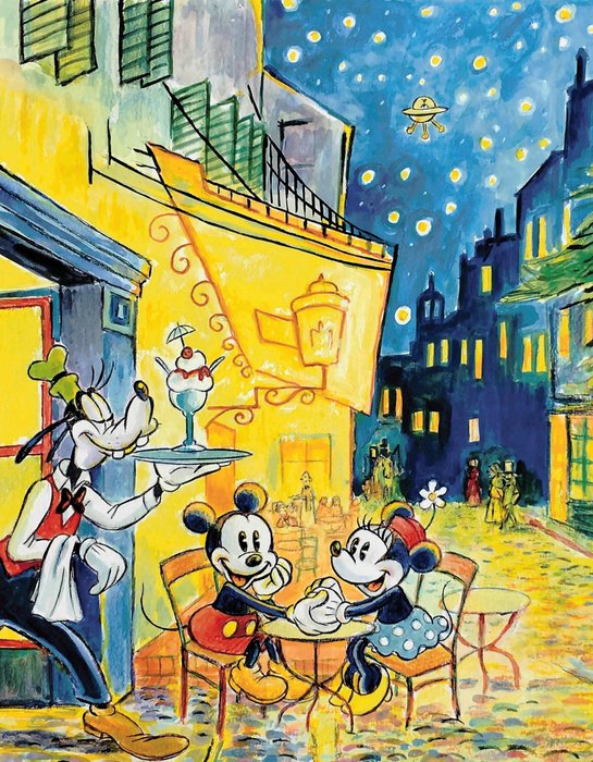 Tony Fernandez - Mickey, Minnie and Goofy Inspired by Vincent Van Gogh's "Café Terrace at Night" (1888) - A.P. Signed