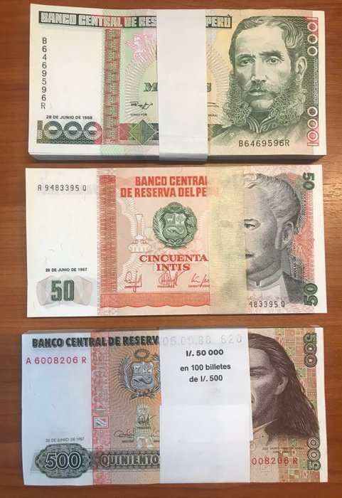 Peru. - 100 x 50, 500, 1000 Inti 1987-1988 - Pick 131b, 134b, 136b - original bundle  (Ingen mindstepris)