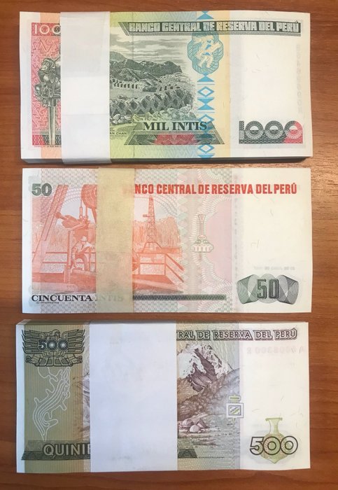 Peru. - 100 x 50, 500, 1000 Inti 1987-1988 - Pick 131b, 134b, 136b - original bundle  (Ingen mindstepris)