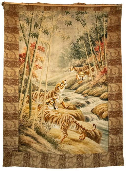 An embroidery silk of four tigers along the bank of the river - Broderi  - 195 cm - 145 cm