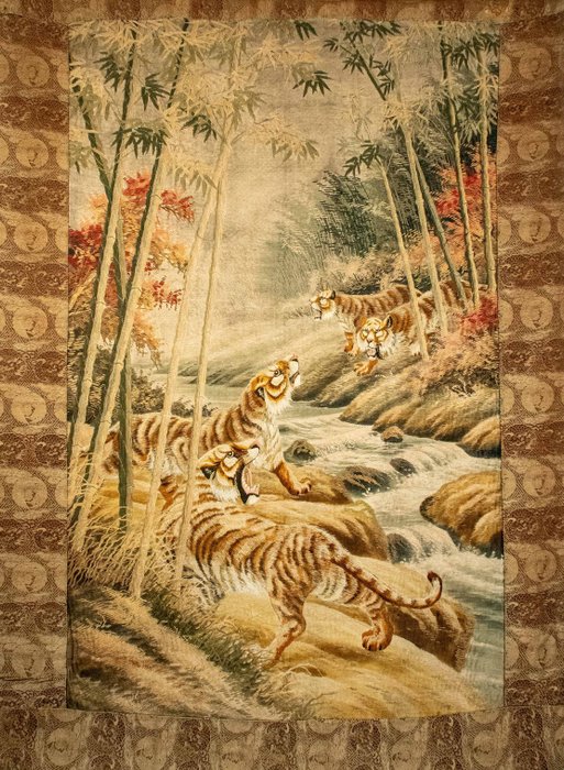 An embroidery silk of four tigers along the bank of the river - Broderi  - 195 cm - 145 cm