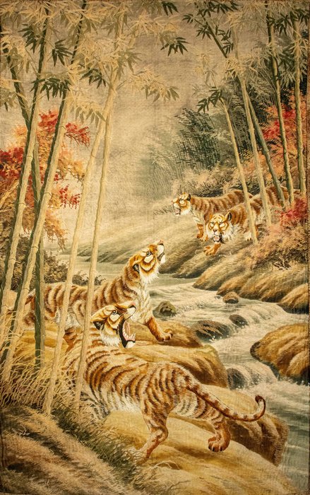 An embroidery silk of four tigers along the bank of the river - Broderi  - 195 cm - 145 cm