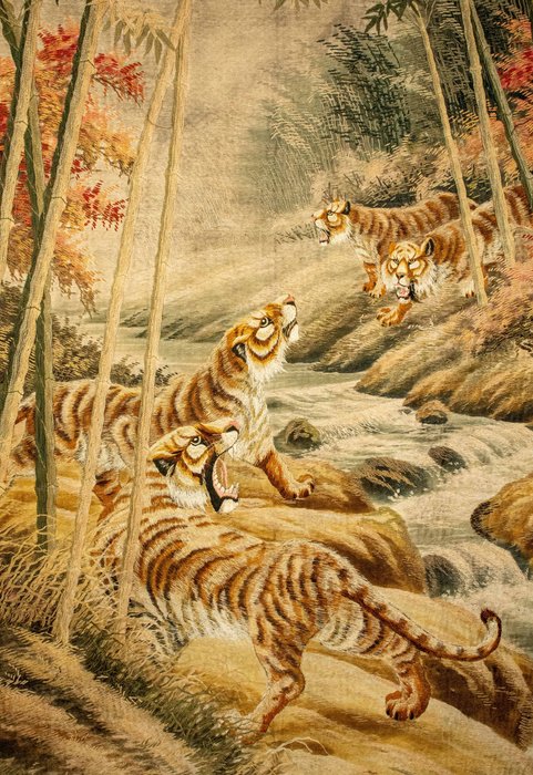 An embroidery silk of four tigers along the bank of the river - Broderi  - 195 cm - 145 cm