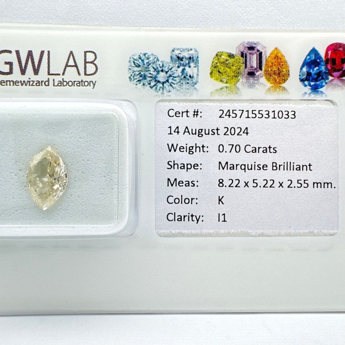 Ingen mindstepris - 1 pcs Diamant  (Natur)  - 0.70 ct - Marquise - K - I1 - Gemewizard Gemological Laboratory (GWLab)