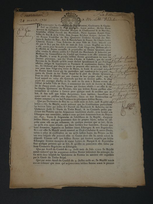 L'abbé Laurent Bordelon, Le Marquis de Châteauneuf, Pierre Sautreau, Jean de Turmenyes de Nointel - Documents en partie autographes signés, Constitution de rente et quittance de rente - 1720