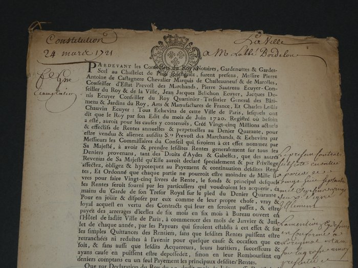 L'abbé Laurent Bordelon, Le Marquis de Châteauneuf, Pierre Sautreau, Jean de Turmenyes de Nointel - Documents en partie autographes signés, Constitution de rente et quittance de rente - 1720