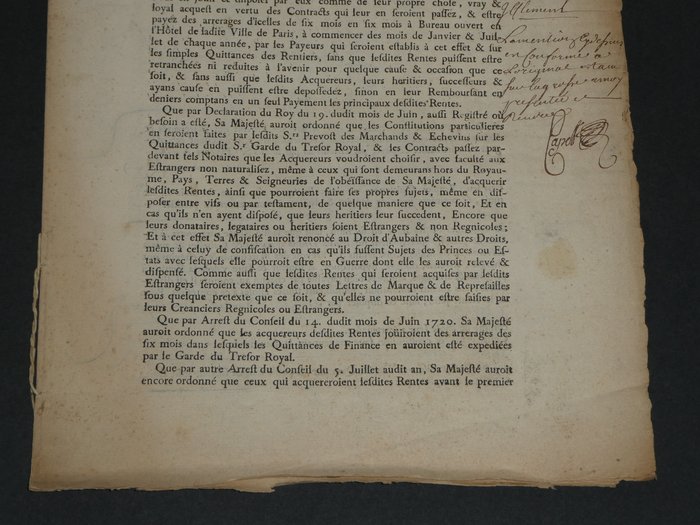 L'abbé Laurent Bordelon, Le Marquis de Châteauneuf, Pierre Sautreau, Jean de Turmenyes de Nointel - Documents en partie autographes signés, Constitution de rente et quittance de rente - 1720