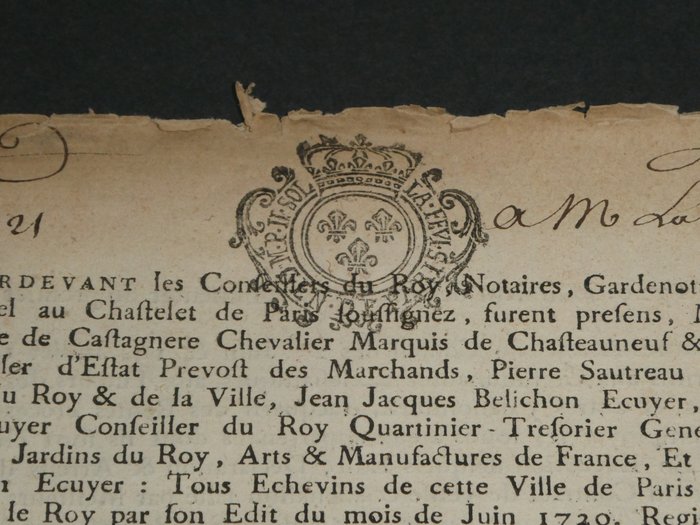 L'abbé Laurent Bordelon, Le Marquis de Châteauneuf, Pierre Sautreau, Jean de Turmenyes de Nointel - Documents en partie autographes signés, Constitution de rente et quittance de rente - 1720