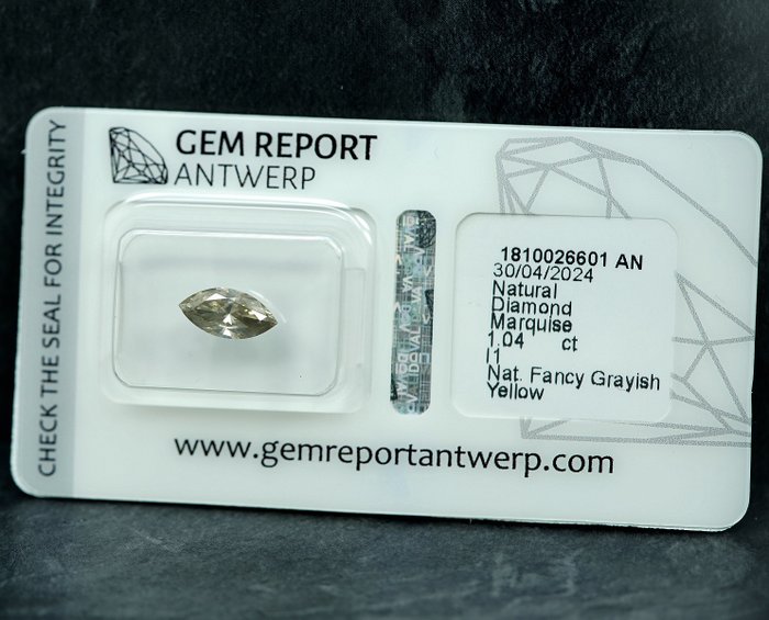 1 pcs Diamant  (Naturfarvet)  - 1.04 ct - Fancy Grålig Gul - I1 - Gem Report Antwerp (GRA)