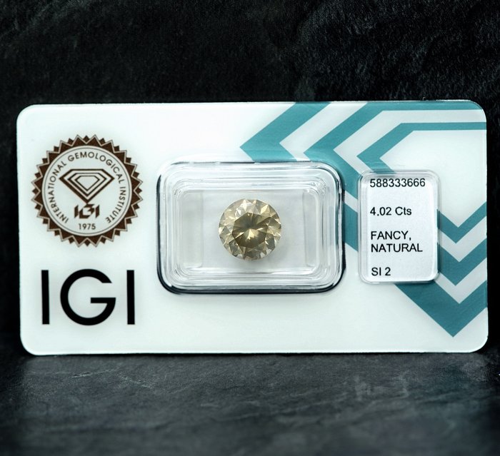 1 pcs Diamant  (Naturfarvet)  - 4.02 ct - Fancy Grålig Gul - SI2 - International Gemological Institute (IGI)