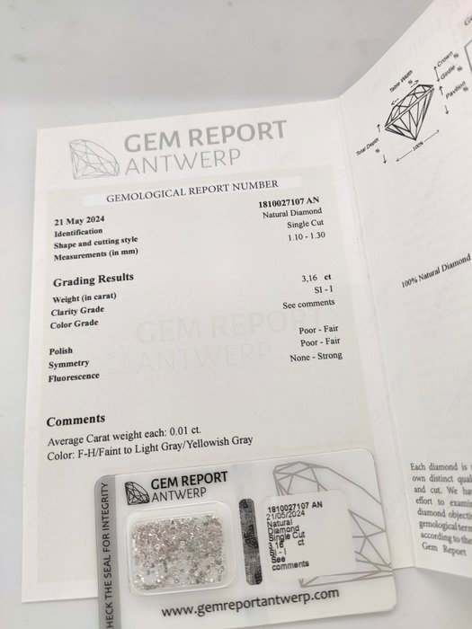 Ingen mindstepris - 340 pcs Diamant  (Natur)  - 3.16 ct - I1, SI1 - Gem Report Antwerp (GRA) - Rund enkelt snit