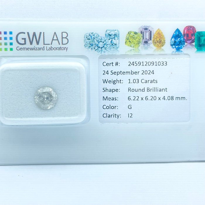 Ingen mindstepris - 1 pcs Diamant  (Natur)  - 1.03 ct - Rund - G - I2 - Gemewizard Gemological Laboratory (GWLab)