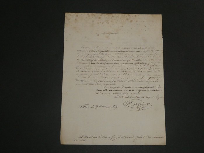 Joseph Léopold Sigisbert Hugo, père de Victor Hugo - Lettre signée adressée au lieutenant général des armées du Roi - 1819