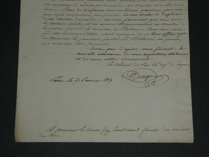 Joseph Léopold Sigisbert Hugo, père de Victor Hugo - Lettre signée adressée au lieutenant général des armées du Roi - 1819