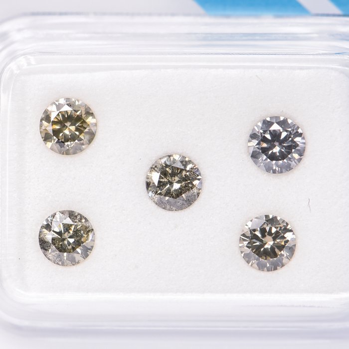 Ingen mindstepris - 5 pcs Diamant  (Naturfarvet)  - 1.04 ct - Rund - Fancy Brunlig, Grønlig Grå - I1 - International Gemological Institute (IGI)