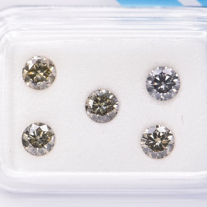 Ingen mindstepris - 5 pcs Diamant  (Naturfarvet)  - 1.04 ct - Rund - Fancy Brunlig, Grønlig Grå - I1 - International Gemological Institute (IGI)