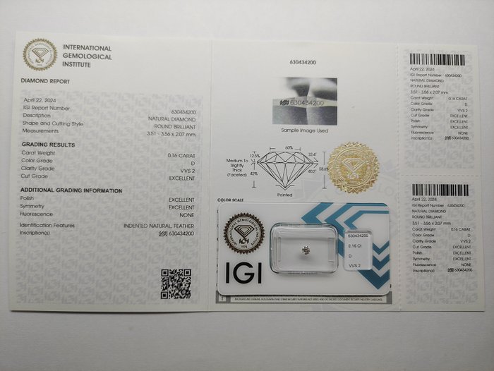 Ingen mindstepris - 1 pcs Diamant  (Natur)  - 016 ct - Rund - D (farveløs) - VVS2 - International Gemological Institute (IGI)