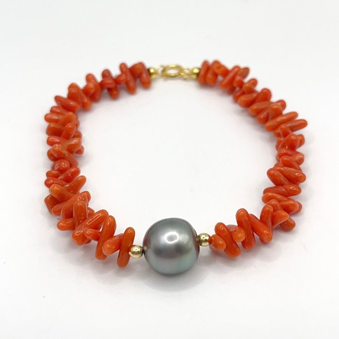 Ingen mindstepris - Armbånd - 18 kraat Gulguld Perle - Koral - Coral  Tahitian Pearl