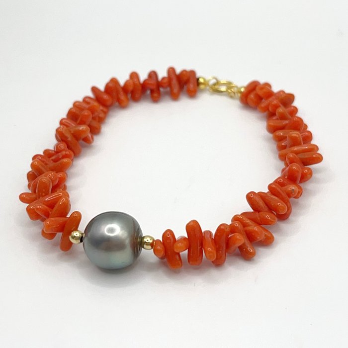 Ingen mindstepris - Armbånd - 18 kraat Gulguld Perle - Koral - Coral  Tahitian Pearl