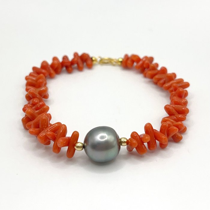 Ingen mindstepris - Armbånd - 18 kraat Gulguld Perle - Koral - Coral  Tahitian Pearl