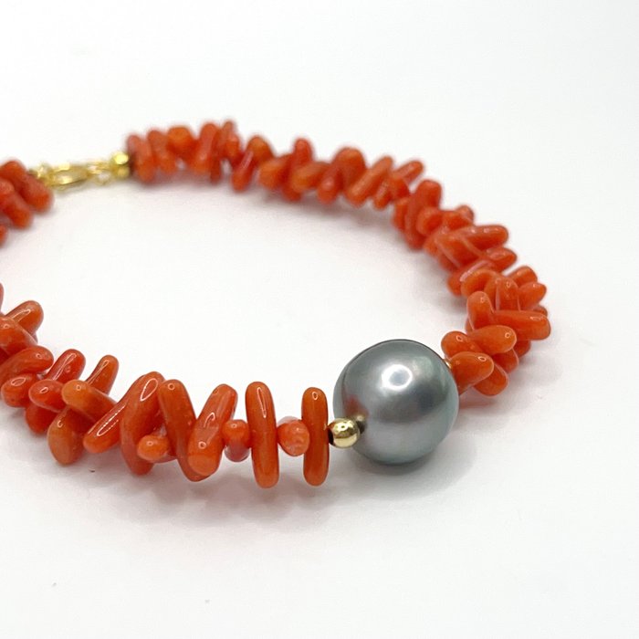 Ingen mindstepris - Armbånd - 18 kraat Gulguld Perle - Koral - Coral  Tahitian Pearl