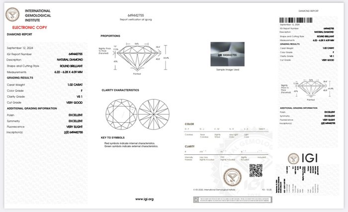 1 pcs Diamant  (Natur)  - 1.02 ct - Rund - F - VS1 - International Gemological Institute (IGI)