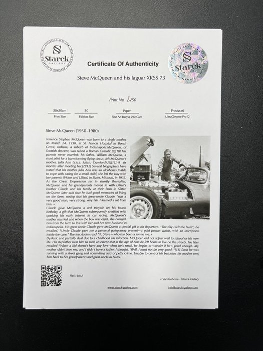 Steve McQueen and his Jaguar XKSS 73 - Fine Art Photography - Luxury Wooden Framed 50X50 cm - Limited Edition Nr 03 of 50 - Serial ID 16812 - Original Certificate (COA), Hologram Logo Editor and QR Code - 100% New items.