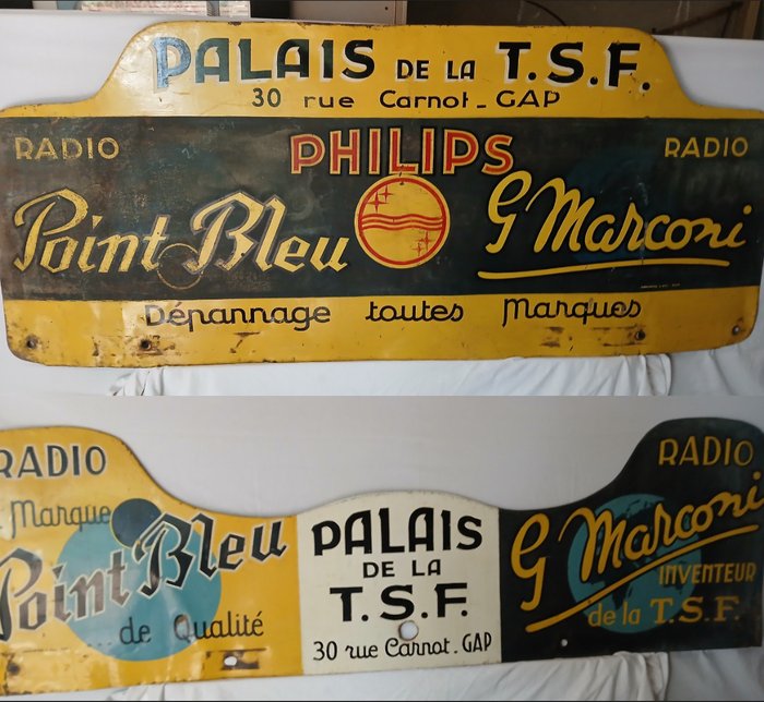 Stunning Original Enamel Signs - Palis de la T.S.F / Radio G marconi / Point Bleu - POS (point of sale reklamegenstand)