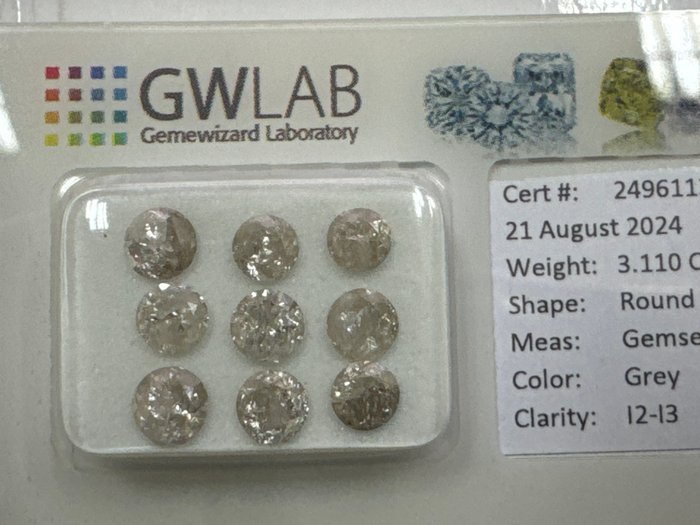 Ingen mindstepris - 9 pcs Diamant  (Naturfarvet)  - 311 ct - Rund Grå - I2 I3 - Gemewizard Gemological Laboratory (GWLab)