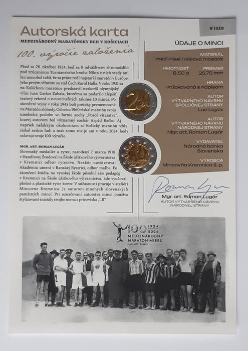 Slovakiet. 2 Euro 2024 "Košice International Marathon" Proof with author certificate  (Ingen mindstepris)