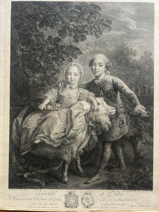 Jacques Firmin Beauvarlet (1731- 1797), after, Drouais François Hubert (1727-1775) - Borboni, Napoli //Le comte d'Artois enfant soutenant Mlle Clotilde montée sur une chèvre