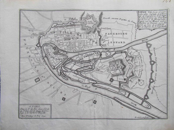 Belgien - Liège - Huy; Nicolas de Fer – Harmanus Van Loon - stampa         Liege, Ville Forte et considerable, Capitale de l’Eveche et Seigneurie de Liege - - 1681-1700