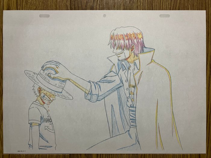 Eiichiro Oda - 1 Officiel replika af anime cels skitser - One Piece - The emotional scene where Shanks gives Luffy the straw hat