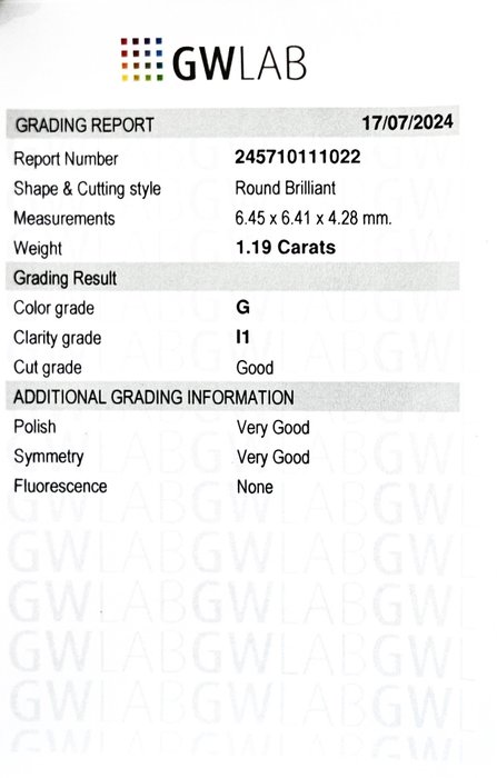 1 pcs Diamant  (Natur)  - 1.19 ct - Rund - G - I1 - Gemewizard Gemological Laboratory (GWLab)