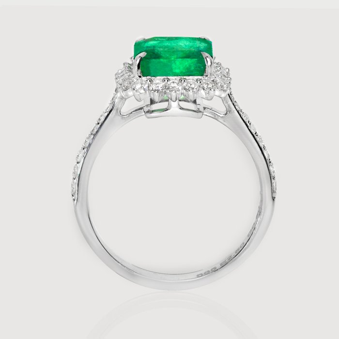 Ingen mindstepris - Ring - 14 karat Hvidguld -  3.00ct. tw. Smaragd - Diamant - IGI 2,50 ct Zambia Grøn