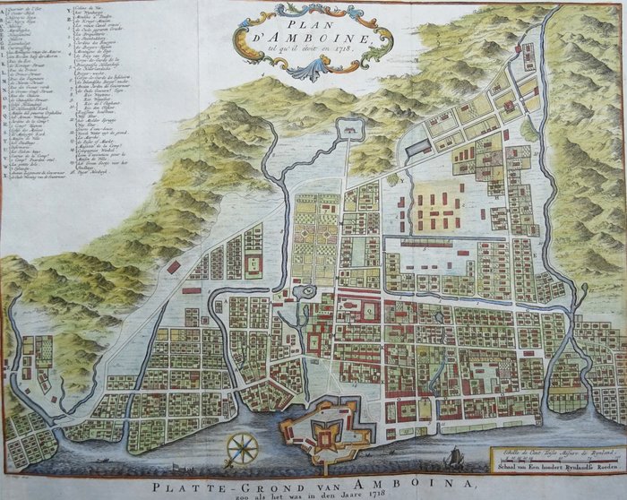 Asien - Indonesien / Molukkerne / Ambon / Ambon City; Bellin / Van der Schley / De Hondt - Plan d´Amboine (..) - Platte Grond van Amboina (..) - 1751-1760